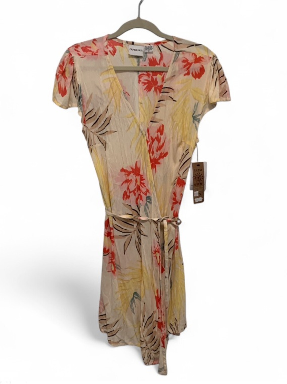 Raya Sun Floral Wrap Mini Dress in Beige with Yellow & Coral Print